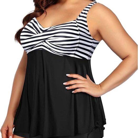 AQUA EVE FLOWY BLACK WHITE STRIPE TWIST FRONT BOY SHORTS TANKINI SET SIZE 18 NWT - Picture 1 of 8